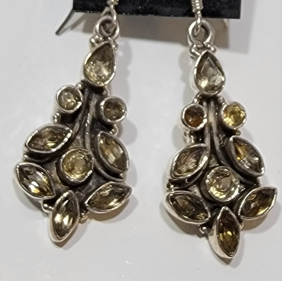 Vintage Sterling Silver Yellow Citrine Chandelier Style Drop Earrings - Picture 2 of 3